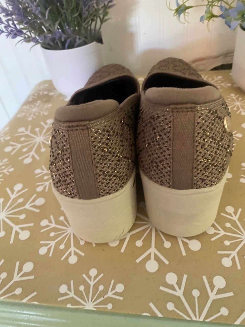 Skechers Slip-On Wedge Sneakers in Taupe Glitter Knit - Picture 5 of 6